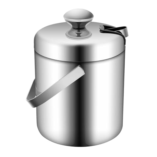 ACROSSPART 1.3 Liter Doppelwand Edelstahl Eiseimer Eiswürfelbehälter Eiskübel mit Deckel und Eiszange Tragbares Design Edelstahl Eiskübel Eiskübel mit Deckel von ACROSSPART