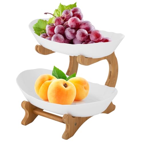 ACROSSPART 2-Stöckige Obstschale Obst Etagere mit Bambusholzständer Obstkorbständer Obstserviertablett Tortenständer Obst Aufbewahrung von ACROSSPART