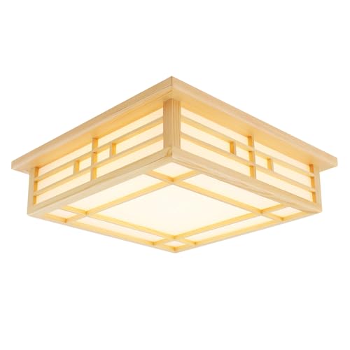 ACROSSPART 24W Deckenlampe Japanische Holz LED Deckenlampe Kronleuchter Warme Licht Japanische Wohnzimmer Licht Tatami Schlafzimmerlampe mit PVC-Schaffellimitat Lampenschirm 45x45x12cm von ACROSSPART
