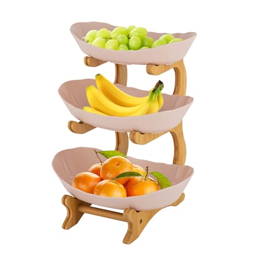 ACROSSPART 3-Stöckige Plastik-Obstschale mit Bambusholzständer, Obstständer 3 Etagen zum Ablegen von Obst Süßigkeiten Desserts, 3 Etagen Servierständer Obstschale von ACROSSPART