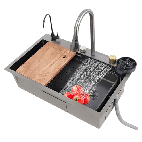 ACROSSPART Edelstahl KüChenspüLe, EinbauspüLe Set, Multifunktionales Küchenspüle, Große Einzelspüle Spülbecken mit Drainer und Ausziehbarer Wasserhahn (68 * 45 * 21cm) von ACROSSPART