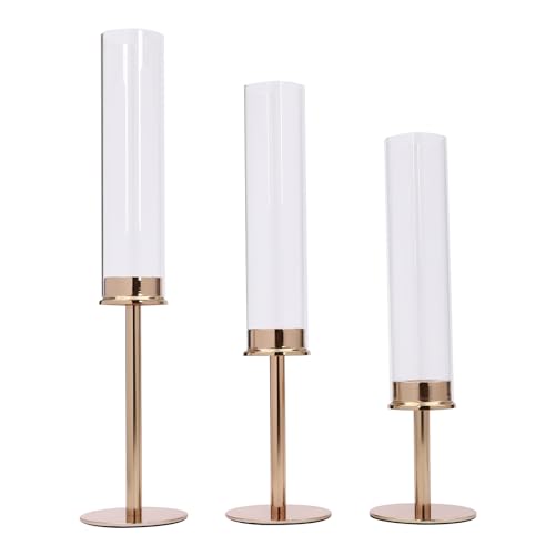 ACROSSPART Kerzenständer 6 Set in 3 Größe, Gold Metall Kerzenhalter Stabkerzen Kerzenständer mit Abnehmbarem Glas Windlicht, Klarglas Metall Stabkerzenhalter für Hochzeit, Esszimmer, 35,5/41,5/47,5CM von ACROSSPART