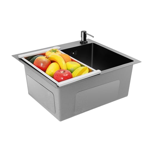 ACROSSPART Küchenspüle Spülbecken mit Abflusskorb und Seifenspende Einbauspüle Küche Edelstahl Spüle mit Armatur Set Eckig Spüle Edelstahl 40x45cm von ACROSSPART