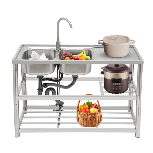ACROSSPART Küchenspüle Spülbecken mit Armatur und Unterschrank Set Spülbecken Edelstahl Küchenspüle Spültisch mit 2 Becken Freistehende Küchenspüle 120x80cm von ACROSSPART