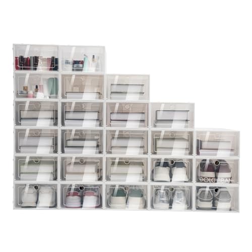 ACROSSPART Schuhboxen 24er Set, Schuhbox Transparent Stapelbar Aufbewahrungsbox aus PP, Schuhkarton Schuhaufbewahrungsbox Schuhaufbewahrung mit Deckel, Schuhorganizer Shoe Box 33x23x14CM von ACROSSPART