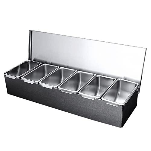 ACROSSPART Zutatenbehälter Edelstahl 6 Einsätze Zutatenbox Barbeilagenbehälter mit Deckel für Bar Zitronen, Obst, Oliven und Cocktail Zutaten Beilagenbehälter für Gastro & Küche von ACROSSPART