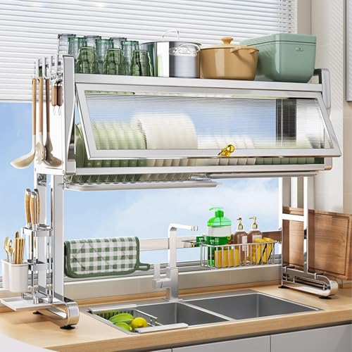 ACRaBoss 3-Stufiges Abtropfgestell Mit Abdeckung Über Der Spüle – Platzsparendes Abtropfgestell Für Teller, Gläser, Schüsseln Undeck – Organizer Und Aufbewahrungslösung Für Die Küchentheke/87*30*80Cm/ von ACRaBoss