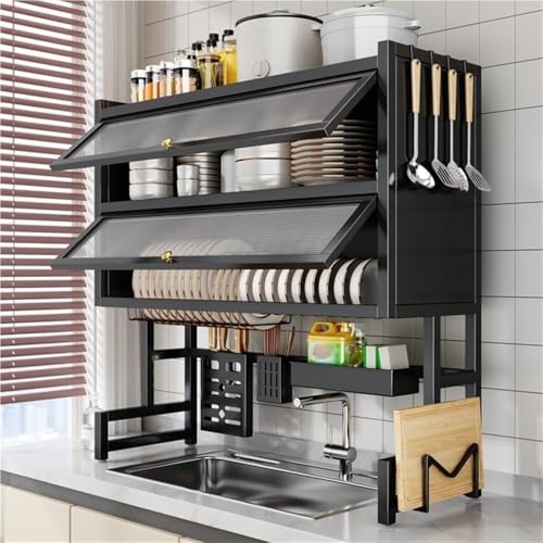 ACRaBoss 3-Stufiges Abtropfgestell Über Der Spüle Mit Klappdeckelschrank, Multifunktionales Thekenregal Aus Metall, Staubdichter Küchen-Organizer Für Zuhause Und Wohnzimmer/Black/85Cm von ACRaBoss
