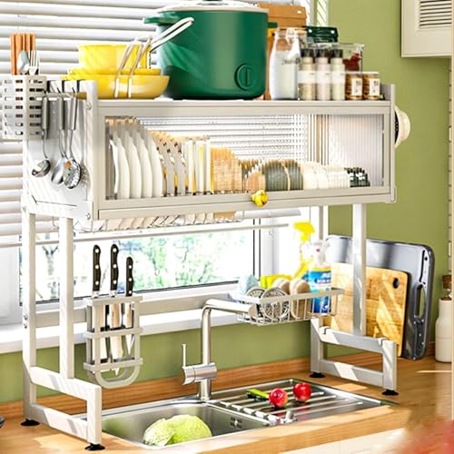 ACRaBoss Abtropfgestell Mit 2 Ebenen Über Der Spüle – Großes Trockengestell Aus Metall Mit Klappdeckel Für Geschirr, Gläser, Schüsseln Undeck – Organizer Für Die Küchentheke/White/25.6In von ACRaBoss