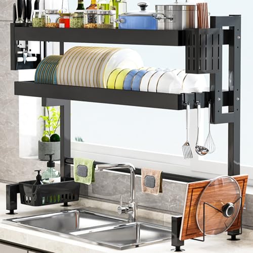 ACRaBoss Abtropfgestell Mit 3 Ebenen Über Der Spüle – Abtropfgestell Aus Edelstamit Abdeckung, Passt In Die Meisten Spülbecken, Platzsparender Küchen-Organizer Für Geschirr, Schwarzes Finish/75*27*80C von ACRaBoss