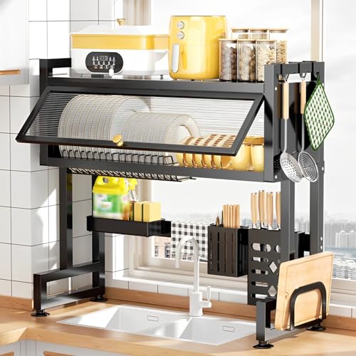 ACRaBoss Abtropfgestell Mit 3 Ebenen Über Der Spüle – Großes, Platzsparendes Küchenregal Für Geschirr, Schüsseln Undeck Mit Abdeckung – Schwarz, B 85,1 cm – Organisierte Und Effiziente Abtropflösung/B von ACRaBoss