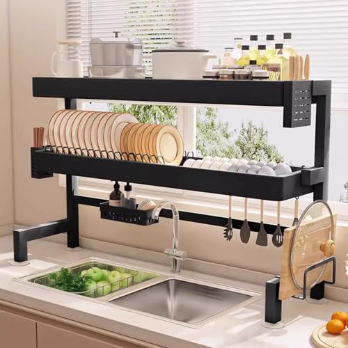 ACRaBoss Abtropfgestell Über Der Spüle, 2-Stufiger Küchenspülen-Organizer Mit Hoher Kapazität Für Die Arbeitsplatte Mit Utensilienhalter Und Schneidebretthalter/Black/86Cm von ACRaBoss