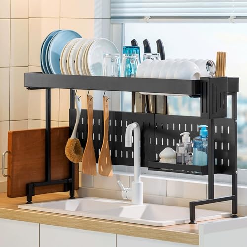 ACRaBoss Abtropfgestell Über Der Spüle, Verstellbares Abtropfgestell Für Kleine Räume Mit Utensilienhalter, Küchenspüle-Organizer-Arbeitsplatte/Black/L von ACRaBoss