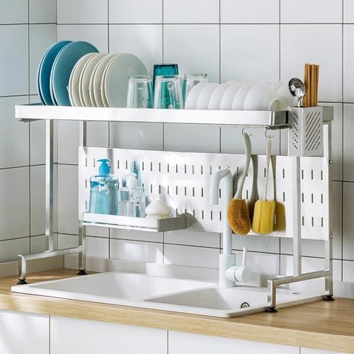 ACRaBoss Abtropfgestell Über Der Spüle, Verstellbares Abtropfgestell Für Kleine Räume Mit Utensilienhalter, Küchenspüle-Organizer-Arbeitsplatte/White/L von ACRaBoss
