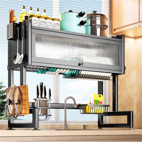 ACRaBoss Abtropfgestell Über Der Spüle – Platzsparender Küchen-Organizer Mit Abdeckung Für Teller, Gläser, Schüsseln Undeck – Halten Sie Ihren Spülbereich Ordentlich Und Effizient/Black/Xl von ACRaBoss