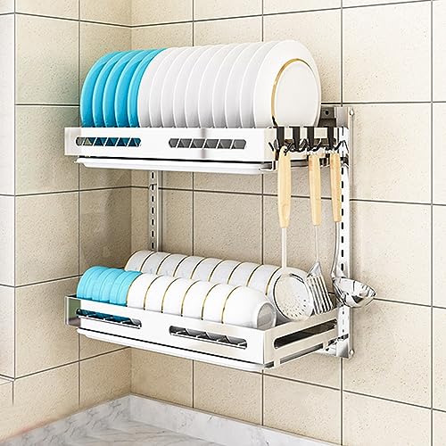 ACRaBoss Geschirrständer, Abtropfgestell, 3-Stufiges Abtropfgestell Aus Edelstahl, Obst- Und Gemüse-Aufbewahrungskorb Mit Abtropffläche Und Hängendem Essstäbchenkäfig, Messerhalter, Wandmontiertes Reg von ACRaBoss