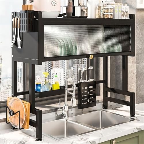 ACRaBoss Großer Geschirrständer Mit Abdeckung Für Die Spüle, 2-Stufiger Geschirr-Organizer Und Utensilienhalter Für Die Arbeitsplatte, Platzsparendes Trockenregal Für Die Küche/Black/37.4In von ACRaBoss