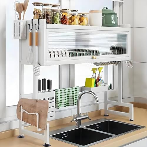 ACRaBoss Großer Geschirrständer Mit Abdeckung Für Die Spüle, 2-Stufiger Geschirr-Organizer Und Utensilienhalter Für Die Arbeitsplatte, Platzsparendes Trockenregal Für Die Küche/White/29.5In von ACRaBoss