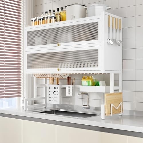 ACRaBoss Großes Abtropfgestell Für Die Spüle, Platzsparender Organizer Mit 3 Ebenen Und Abdeckung, Multifunktionales Küchenregal Aus Karbonstazum Effizienten Abtrocknen Von Geschirr/White/37.4In*11In* von ACRaBoss