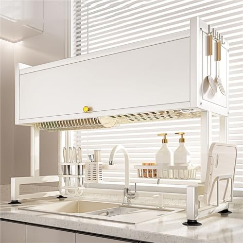 ACRaBoss Großes Abtropfgestell Mit Abdeckung Für Die Spüle, 95 cm Großer Küchen-Organizer, Platzsparendes Abtropfgestell Und Regal Mit Körben Für Utensilien – Schwarze Arbeitsplattenlösung/White/85Cm von ACRaBoss