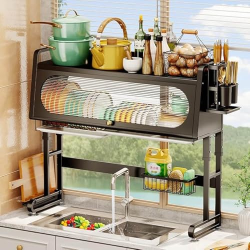 ACRaBoss Verstellbarer Geschirrständer Über Der Spüle – Großer Geschirrtrockner-Organizer Und Abtropffläche, Höhenverstellbares Küchenregal Für Zu Hause/Black/26.4In (67Cm) von ACRaBoss