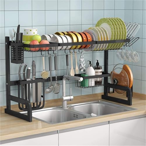 ACRaBoss Verstellbares Abtropfgestell Mit 2 Ebenen Über Der Spüle, 85–100 cm Großes Abtropfgestell Aus Edelstamit Haken Und Utensilienhalter, Platzsparender Küchen-Organizer/B von ACRaBoss