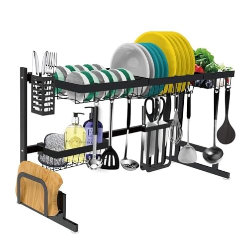ACRaBoss Verstellbares Abtropfgestell Mit 2 Ebenen Über Der Spüle, 85–100 cm Großes Abtropfgestell Aus Edelstamit Haken Und Utensilienhalter, Platzsparender Küchen-Organizer/C von ACRaBoss