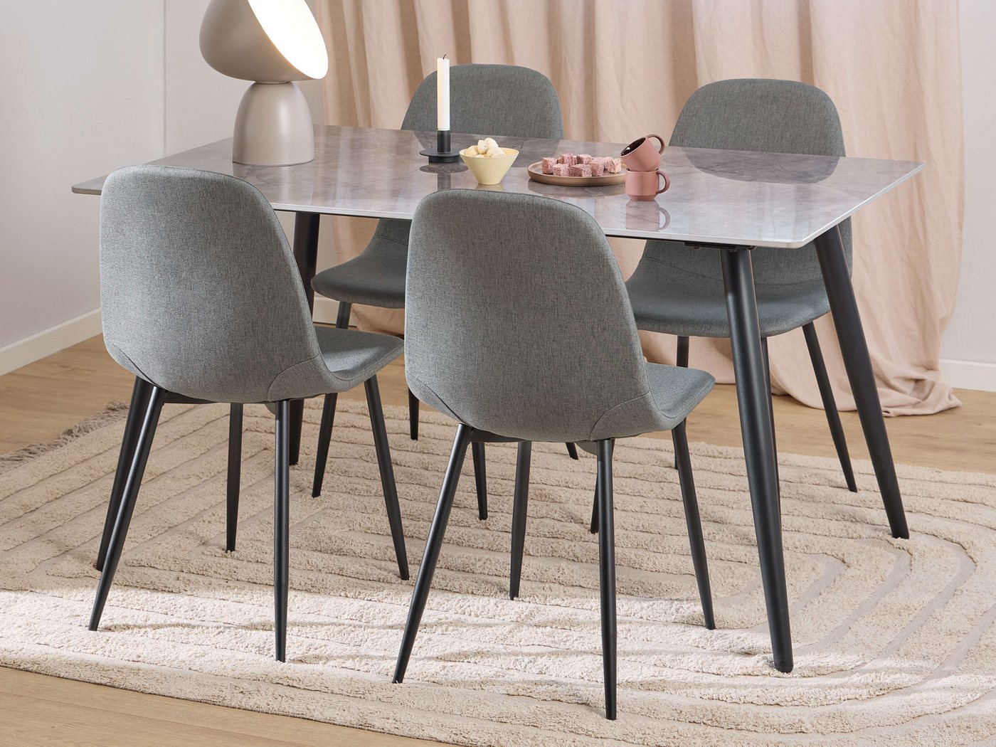 ACTONA GROUP Esszimmer-Set Essgruppe, Speisetisch mit Stühlen, (Komplett-Set, 5-St., 1x Tisch + 4x Stühle), Rechteckig Esstisch+4x Stühle, grau keramik, dunkelgrau,140x80x75cm von ACTONA GROUP