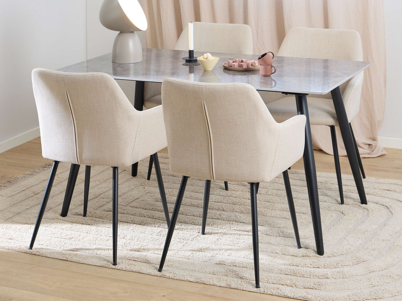 ACTONA GROUP Esszimmer-Set Essgruppe, Speisetisch mit Stühlen, (Komplett-Set, 5-St., 1x Tisch + 4x Stühle), Rechteckig Esstisch + 4x Stühle, grau keramik, beige,140x80x75cm von ACTONA GROUP