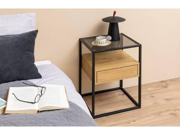 ACTONA GROUP Nachttisch in Wildeiche; schawrz, Glas, Stahl, MDF - 40x60x35 (BxHxT) von ACTONA-GROUP