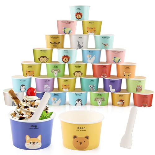 ACTOYS Eisbecher Pappe 100 Stück Eisbecher Papier mit Löffel, 180ml Papierbecher Eis, Eisschalen, Dessertbecher Pappe, Einweg-Papier Kuchenbecher für eiscreme, Desserts, Joghurt von ACTOYS