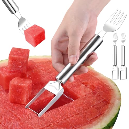 ACTOYS Melonenschneider, 2-in-1 Obstschneider aus Edelstahl, 2 Stück Wassermelonen Schneider, Melonenschneider Edelstahl, Doppelkopf-Obstgabeln-Schneidemesser, Wassermelonen Schneidewerkzeug von ACTOYS