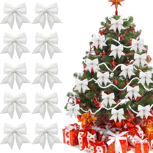 Schleifen, ACTOYS 10 Stück Glitzer Weihnachtsbaum Schleifen, Geschenkschleifen, Rote Schleifen Weihnachten, Große Schleife, Deko Weihnachten(14x12cm) (Weiß) von ACTOYS