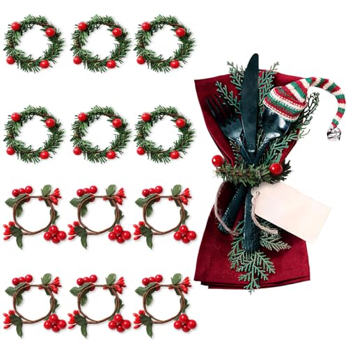 ACTOYS Serviettenringe Weihnachten 12 Stück Serviettenringe Kranz, Weihnachten Serviettenringen, rote Beeren Serviettenhalter Ring, Serviettenhalter Weihnachten für Weihnachten Party Tischdekoration von ACTOYS