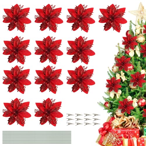 ACTOYS Weihnachtsbaum Deko Blumen, 12 Stück Weihnachten Glitter Künstliche Weihnachtsstern Blumen, Weihnachten Künstliche Blumen mit Clips für Hochzeit Kränze Dekoration Weihnachtsbaumschmuck von ACTOYS