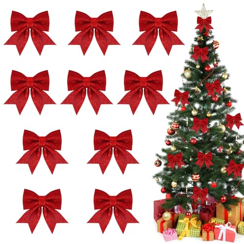 Schleifen, ACTOYS 10 Stück Glitzer Weihnachtsbaum Schleifen, Geschenkschleifen, Rote Schleifen Weihnachten, Große Schleife, Deko Weihnachten(14x12cm) von ACTOYS