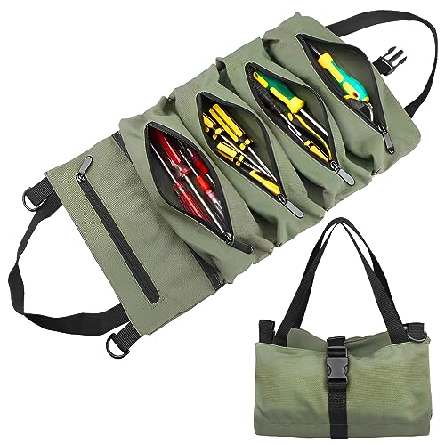 Werkzeugtasche Werkzeug Rolltasche, ACTOYS Canvas Schraubenschlüssel Werkzeugrolle, Roll Up Pouch mit 5 Reißverschlusstaschen, Ideal für Klempner Handwerker und Elektriker (Grün) von ACTOYS