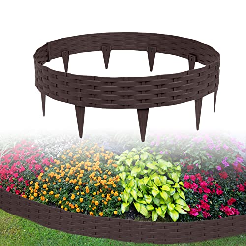 ACXIN 10m Rasenkante Beeteinfassung Gartenpalisade in Rattan-Optik mit 10 Elemente á 100 cm Beetumrandung Gartenpalisade Rund Kunststoff Palisaden UV-beständig (10 Stück, Braun) von ACXIN