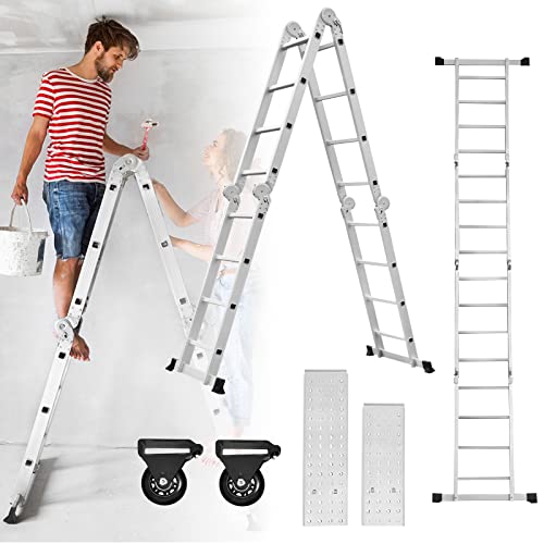 ACXIN 470cm Aluminium Mehrzweckleiter 7 in 1 Teleskopleiter Gerüst Leiter Ausziehbar Treppenleiter mit Arbeitsplattform Klappleiter Anlegeleiter Stehleiter 4x4 Stufen Silber von ACXIN