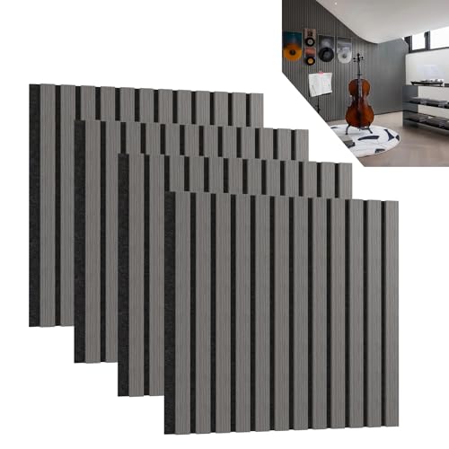 ACXIN 4er Set Akustikpaneele Holz 3D Holzpaneele Wand Eiche Echtholz-Furnier auf Akustik-Filz 60 x 60 cm Lamellenwand Wandpaneele Wandverkleidung Akustikplatten für Flur Wohnzimmer Büro, Anthrazit von ACXIN