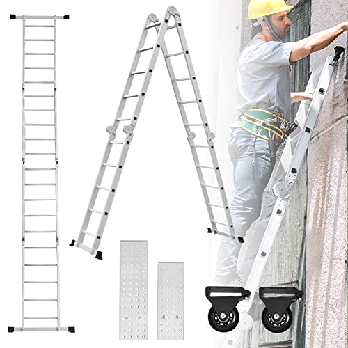 ACXIN 550cm Aluminium Mehrzweckleiter Teleskopleiter 4x5 Stufen Gerüst Leiter Ausziehbar Treppenleiter mit 2 Arbeitsplattform 6 in 1 Klappleiter Anlegeleiter Stehleiter von ACXIN