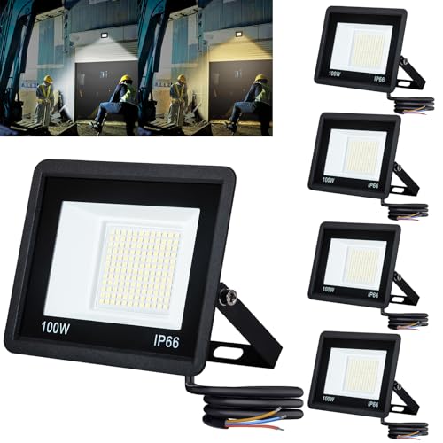 ACXIN 5x100W LED Strahler Außen Abstrahlwinkel 120°, IP66 Wasserdicht LED Aussenstrahler Fluter, Superhell 7000LM LED Scheinwerfer für Hinterhof, Garage, Flur, Garten (Warmweiß, kein Stecker) von ACXIN
