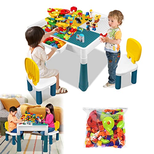 ACXIN 6 in 1 Kindertisch Stuhl Set Aktivitätstisch Set Kindertisch Basteltisch mit 2 Stühle und 163 Bausteinen Multifunktionaler für Kinderzimmer und Kindergarten (Mit Blöcken) von ACXIN