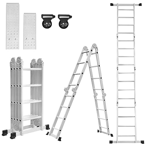 ACXIN 7 in 1 Mehrzweckleitern, 470cm Aluminium Leiter Klappleiter Steigleiter mit Plattform & Räder, 4x4 Stufen Arbeitsbühne Schiebeleiter für Haus, Werkstatt (Silber) von ACXIN