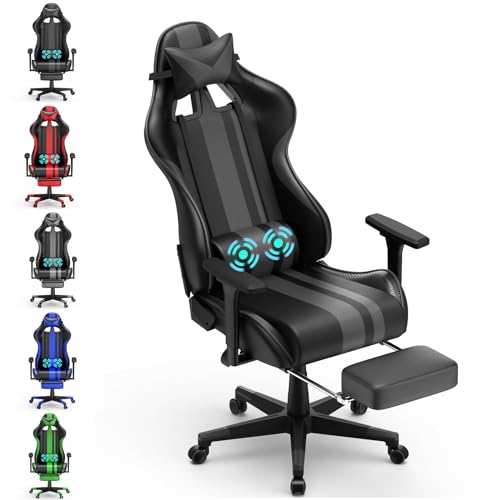 ACXIN Computerstuhl Gaming Stuh, Höhenverstellbar, Bürostuhl Ergonomisch PU Leder mit Fußhocker, Kopfstütze & Massage der Lendenwirbelstütze(Schwarz) von ACXIN
