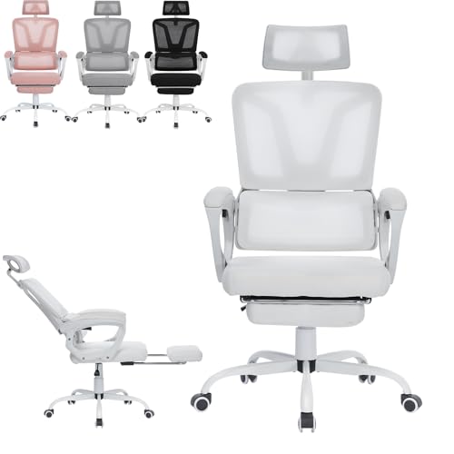 ACXIN Ergonomischer Bürostuhl mit Liegefunktion und Fußstütze – Höhenverstellbarer Schreibtischstuhl aus Mesh mit Verstellbarer Kopfstütze & Lendenwirbelstütze, Neigung bis 135° (Hellgrau) von ACXIN