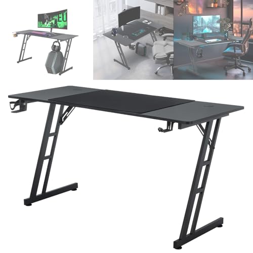 ACXIN Gaming Tisch, 140 x 60 cm Computertisch mit Kopfhörerhaken und Getränkehalter, Z-förmige Konstruktion, Ergonomische Gestaltung Gaming Schreibtisch Kohlefaser Schwarz von ACXIN