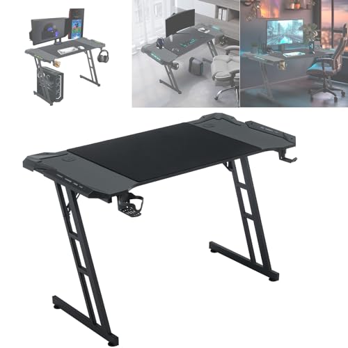 ACXIN Gaming Tisch mit LED, 120 x 60 cm Computertisch mit Kopfhörerhaken und Getränkehalter, Z-förmige Konstruktion, Ergonomische Gestaltung Gaming Schreibtisch Kohlefaser Schwarz von ACXIN