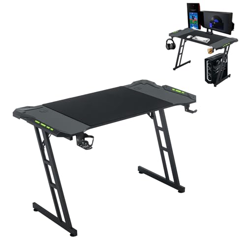 ACXIN Gaming Tisch mit LED, Computertisch mit Kopfhörerhaken und Getränkehalter, Z-förmige Konstruktion, Ergonomische Gestaltung Gaming Schreibtisch Kohlefaser (Schwarz, 160 x 60 cm) von ACXIN