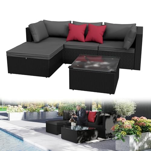 ACXIN Gartenlounge Polyrattan Lounge Set Gartenmöbel Schwarz Balkonmöbel Sitzgruppe mit Sofa, Sessel, Hocker, Tisch, Gartensofa mit Sitzkissen, Wetterfeste Outdoor Möbel für Garten, Terrasse, Balkon von ACXIN